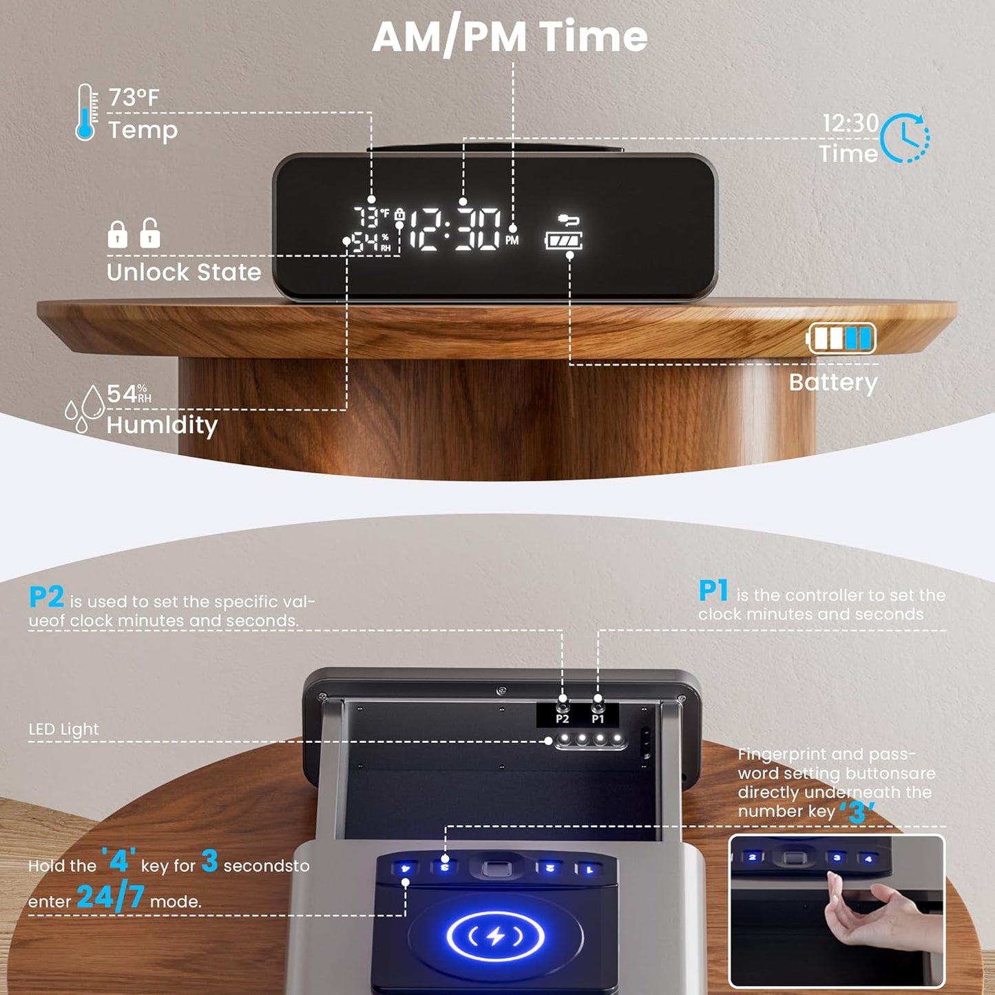 Mboko Biometric Discreet Gun Safe with 12-Hour Time Clock Display