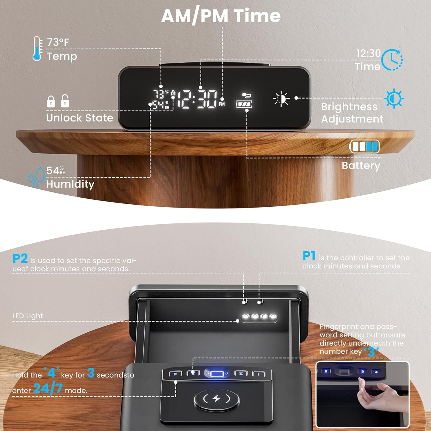 Mboko Biometric Discreet Safe with 12-Hour Time Clock Display(Black)