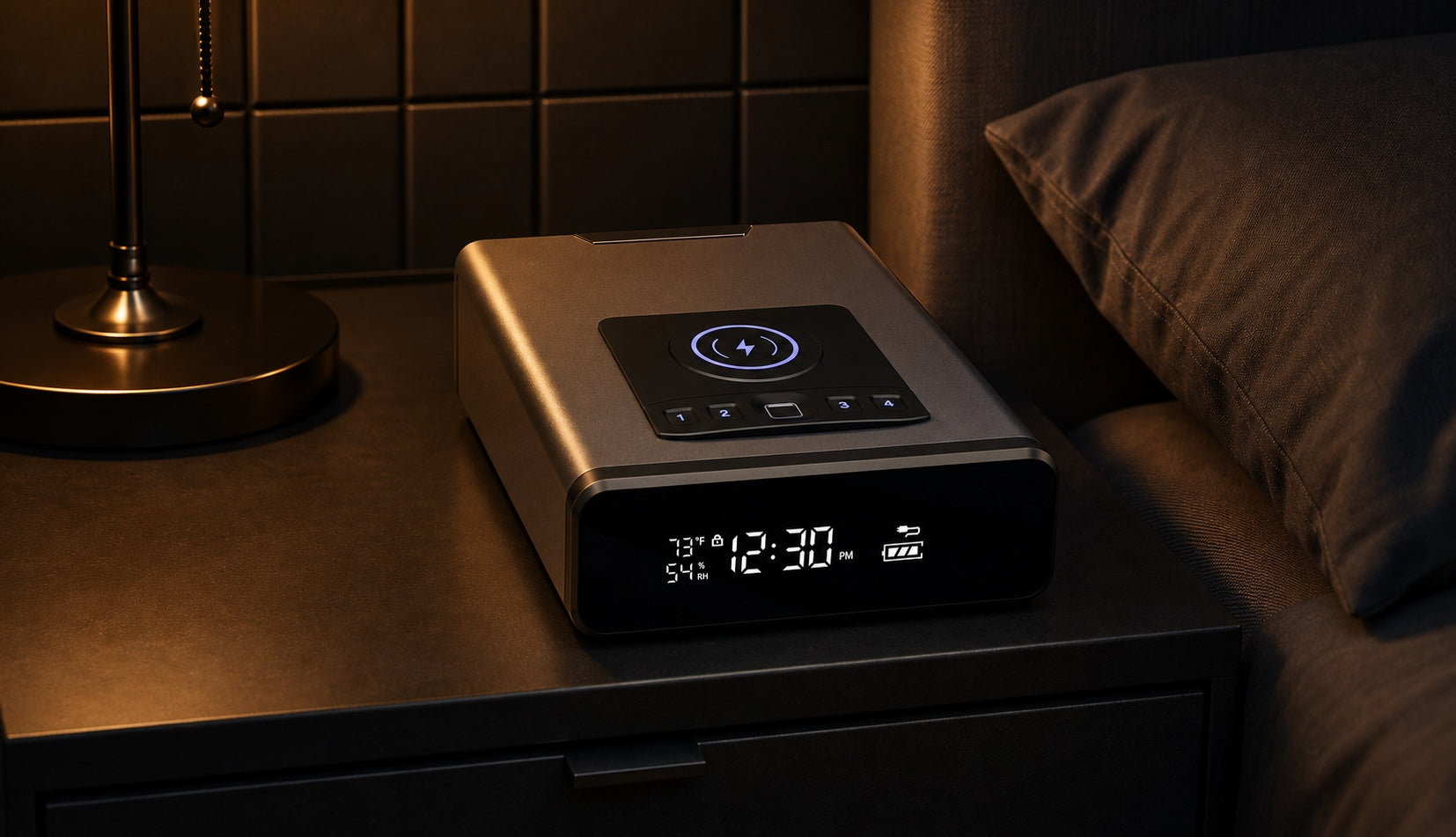 MBOKO biometric safe on a dark bedside table with warm ambient lighting