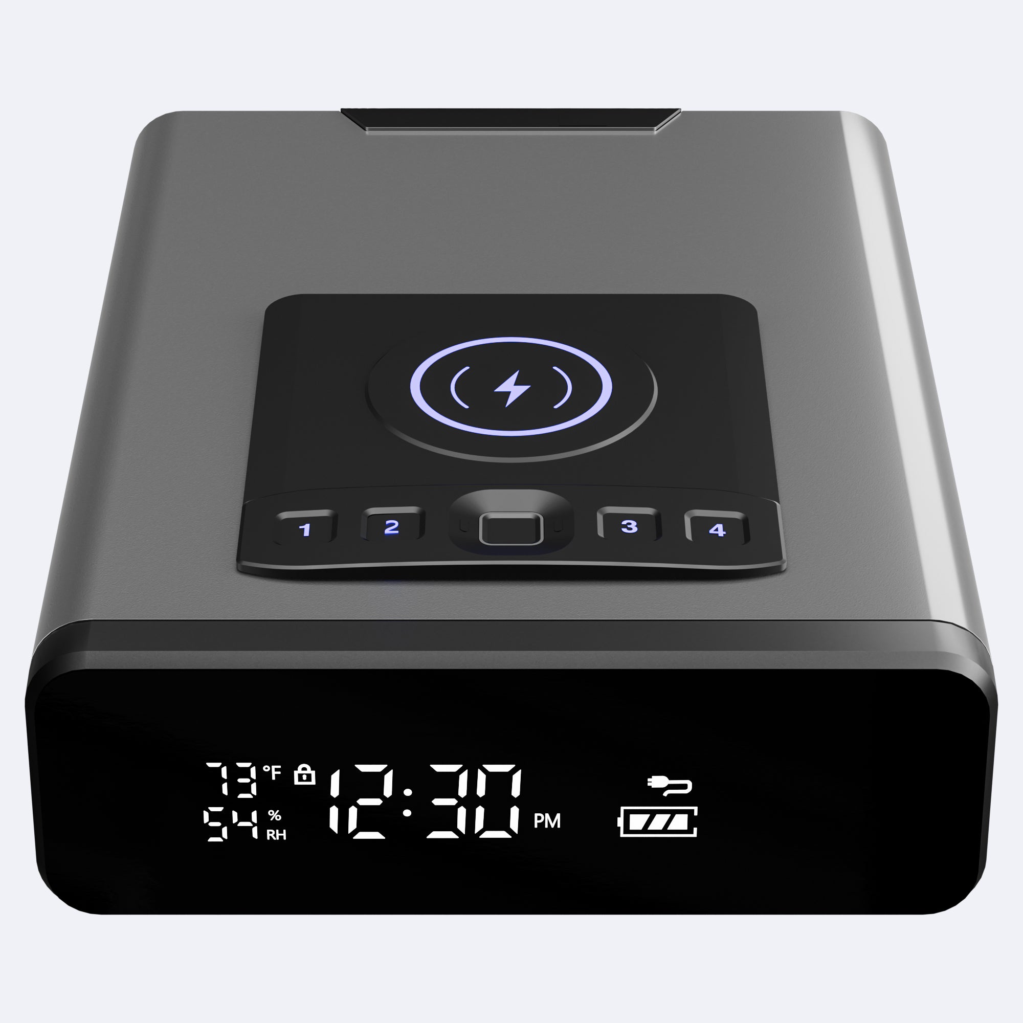 MBOKO biometric gun safe with keypad, wireless charging pad, and front display