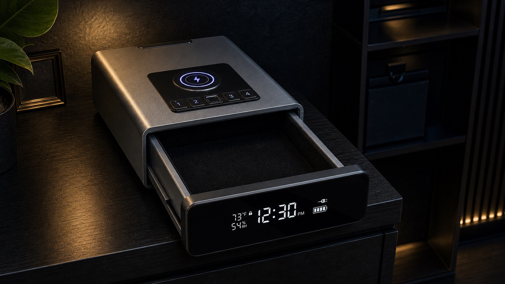MBOKO biometric safe opened as a front pull-out drawer with black felt-lined storage tray